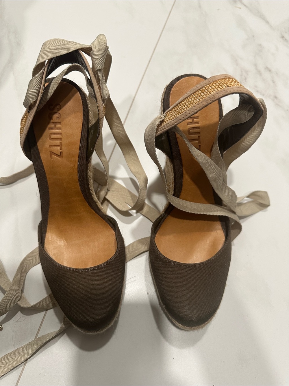 SCHUTZ Green Dark Brown Ankle-Tie Espadrille Wedges